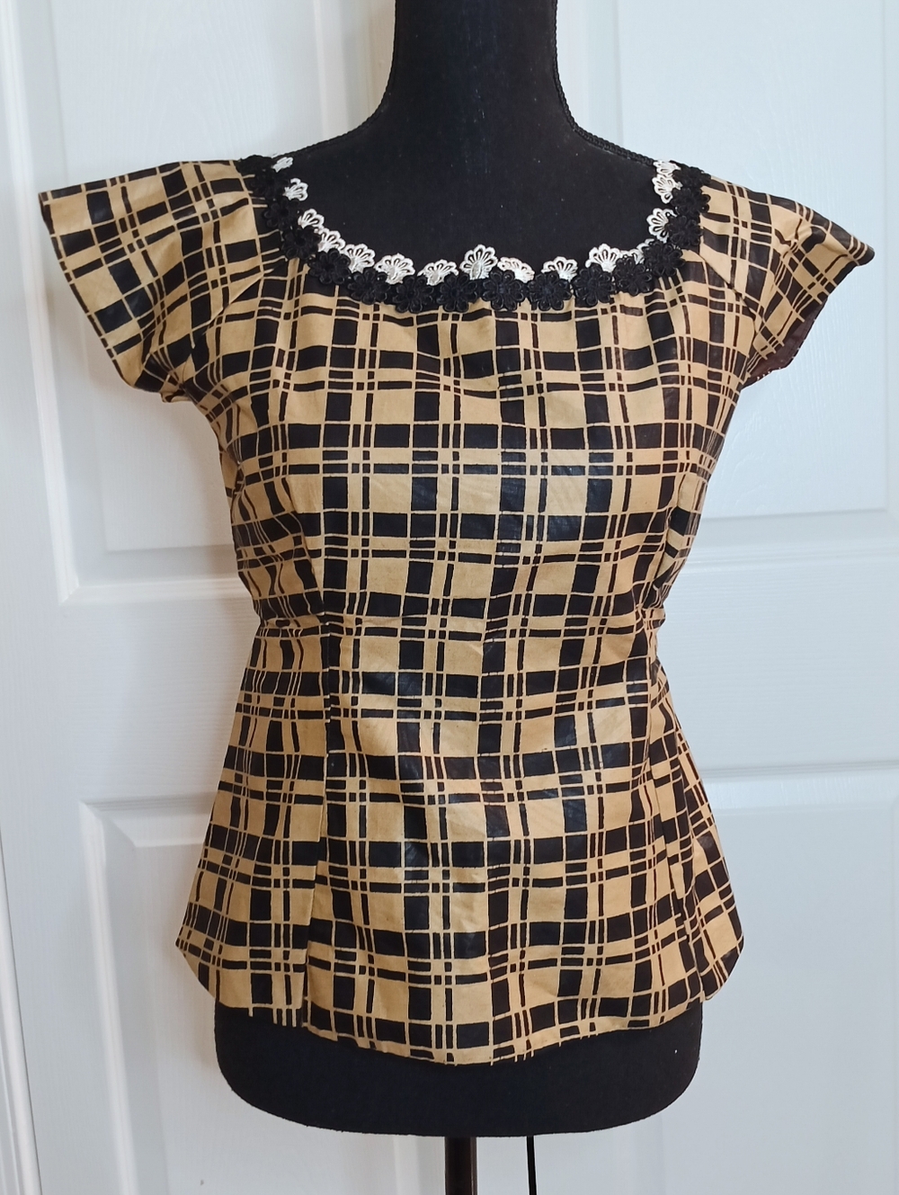 Handmade Plaid Square-Neck Top Women S Tan Black Lace Trim Cap Sleeve Blouse